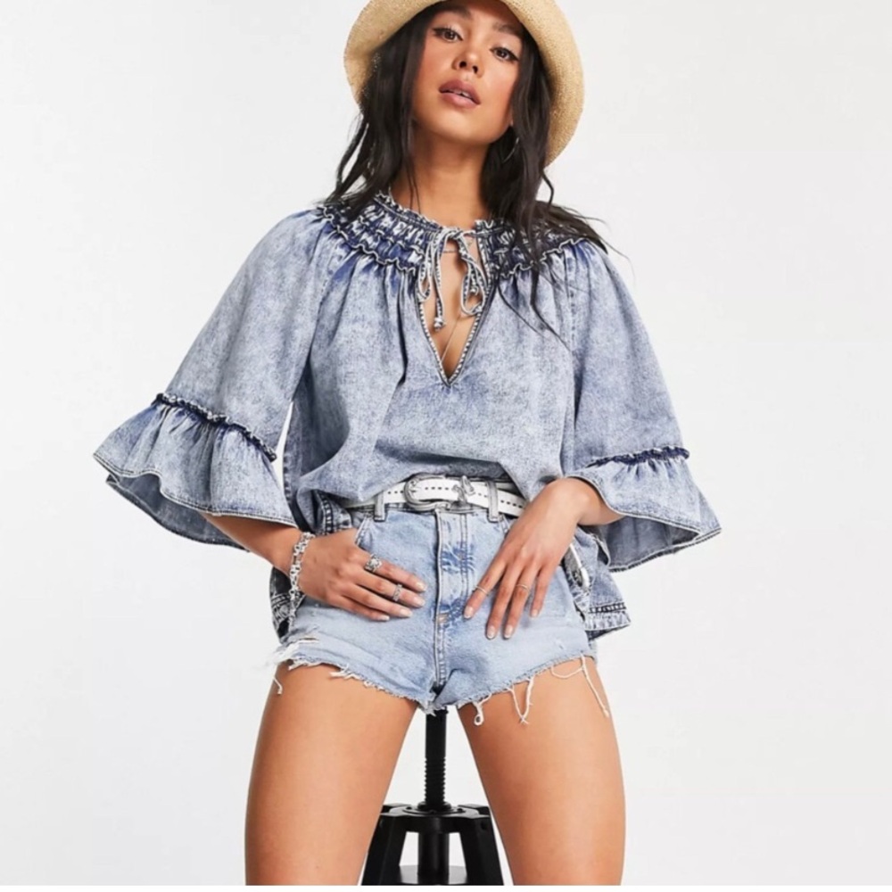 Free People Ainsley Denim Ruffle Women's Top